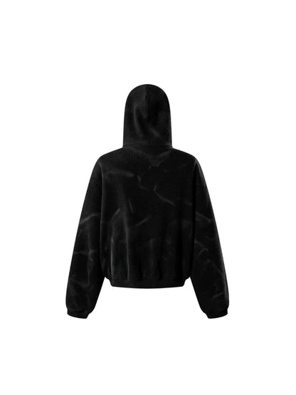 【THE BOY HAS NO PATIENCE】 LUMINOUS DAWN EMBROIDERED LOGO HOODIE （BLACK） タイダイ調サーマル生地のホワイトフーディー背面全体画像