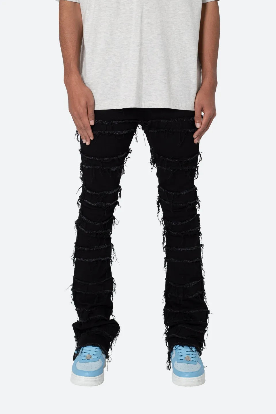 【MNML】 X597 PANELED SKINNY STACKED DENIM （ブラック） 正面全体画像
