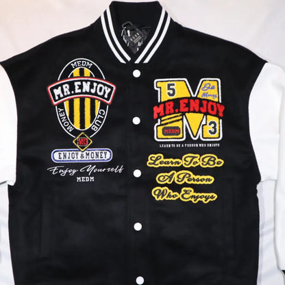 【MR. ENJOY DA MONEY】 BASIC EMBROIDERED BASEBALL JERSEY （BLACK）フロントテキスト刺繍ディテール画像
