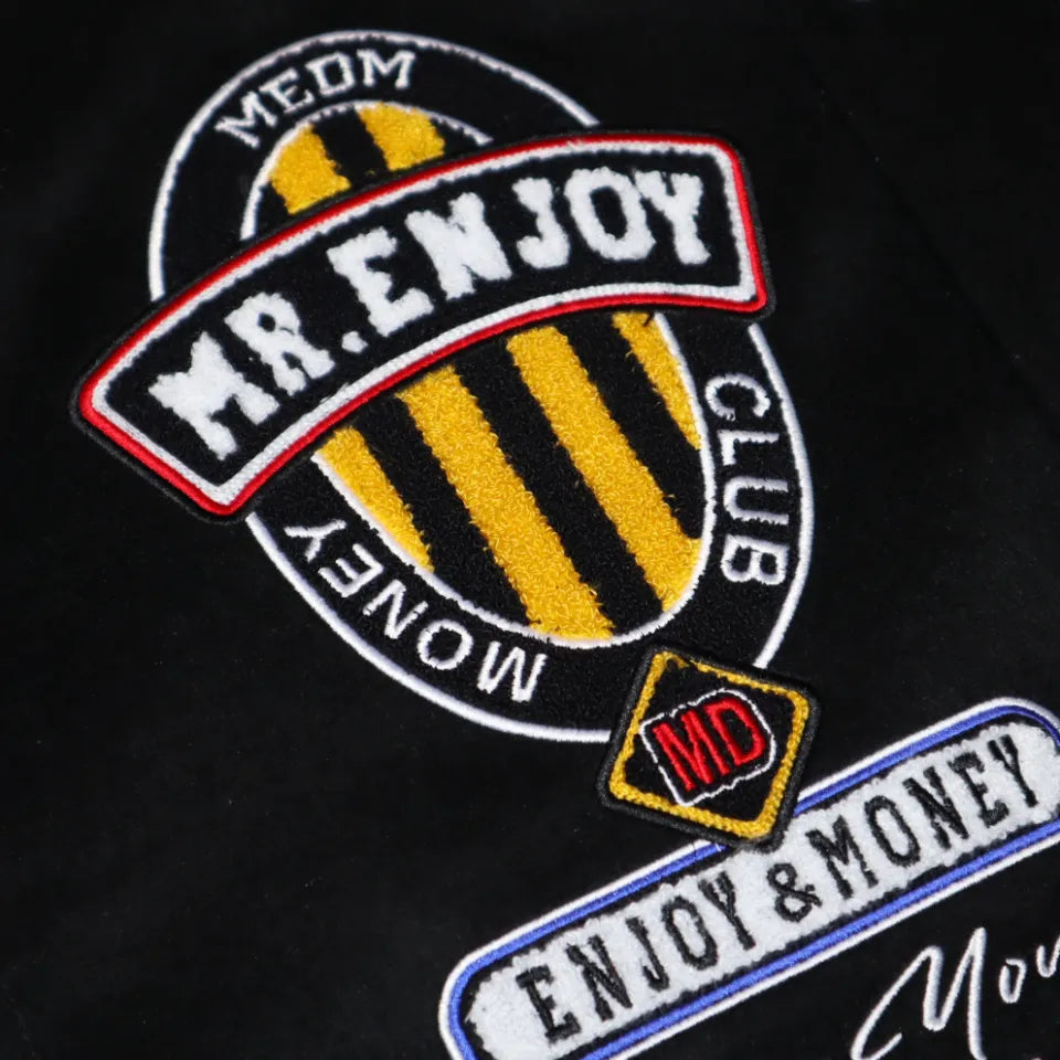 【MR. ENJOY DA MONEY】 BASIC EMBROIDERED BASEBALL JERSEY（BLACK） 左胸ワッペンディテール画像
