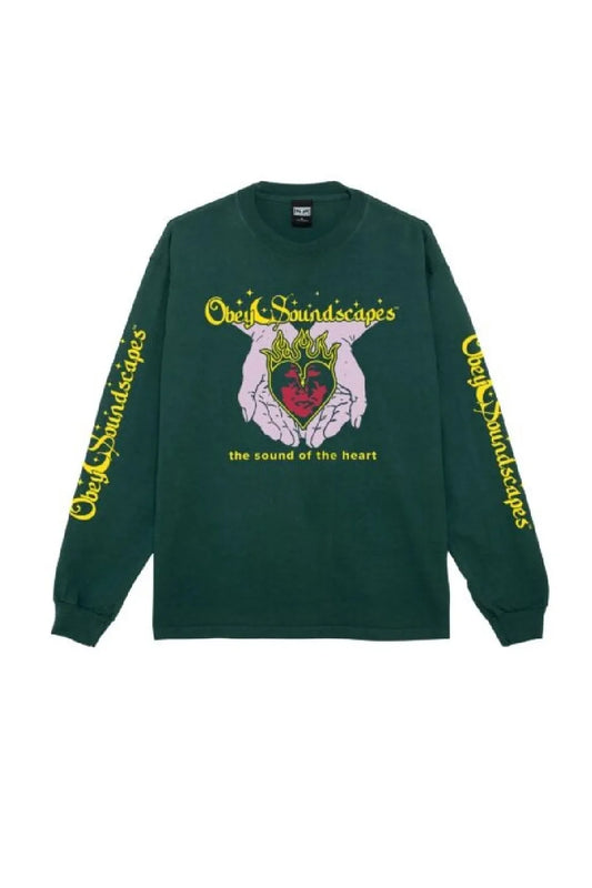 【OBEY】 SOUNDSCAPES PIGMENT LONG SLEEVE TEE （グリーン） 正面全体画像
