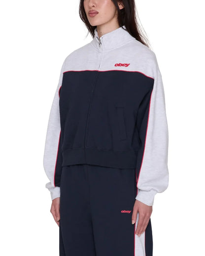 【OBEY】 ZENO MOCK NECK ZIPUP （NAVY） 胸元ロゴ・パイピングラインディテール画像   