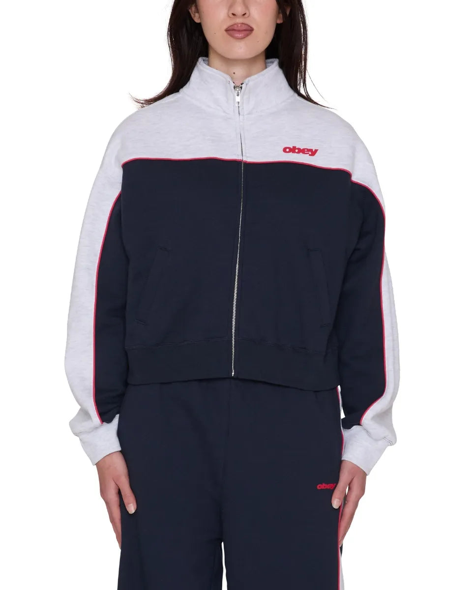 【OBEY】 ZENO MOCK NECK ZIPUP （NAVY） 正面着用画像（ZENO SWEATPANTSとセットアップ着用）