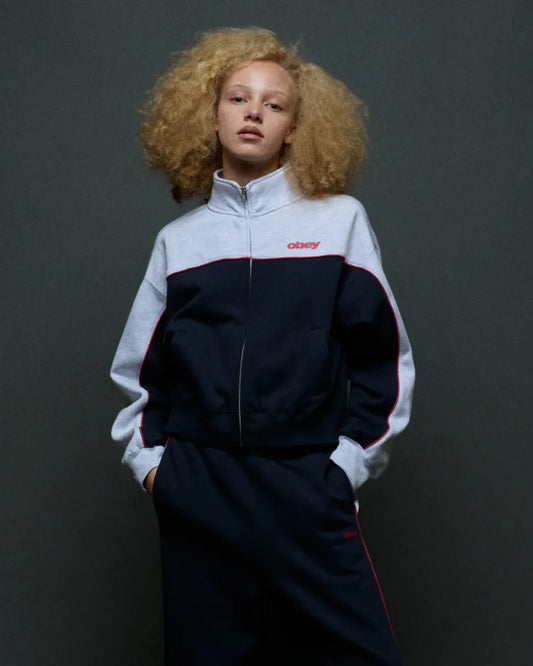 【OBEY】 ZENO MOCK NECK ZIPUP （NAVY） ルック上半身アップ画像