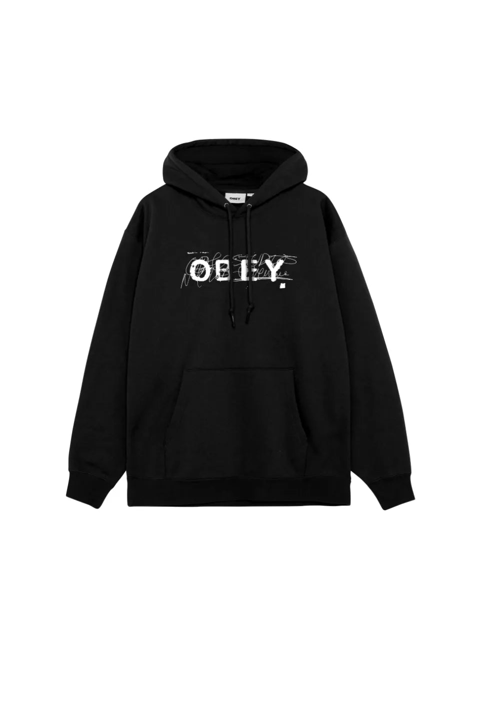 SCRIBBLE HOOD OBEYのブラックカラーフロント画像。無骨なブラックの裏起毛スウェット地に白の手書き風ロゴグラフィックが際立つプルオーバーパーカー。