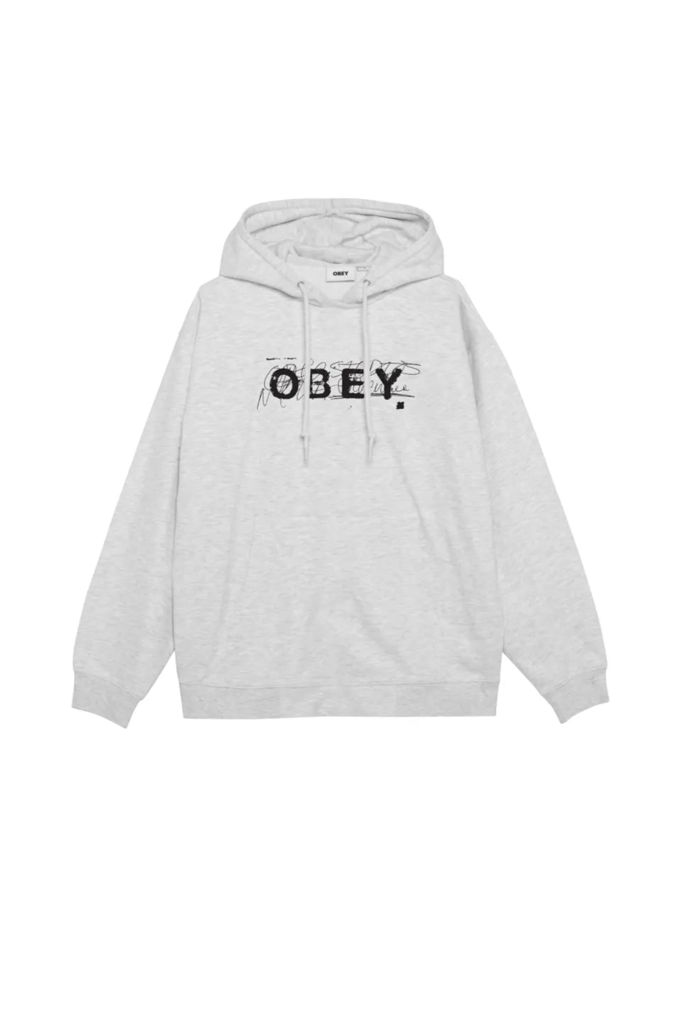 SCRIBBLE HOOD OBEYのヘザーグレーカラーフロント画像。ライトグレーの裏起毛スウェット地に黒の手書き風ロゴグラフィックが映えるプルオーバーパーカー。