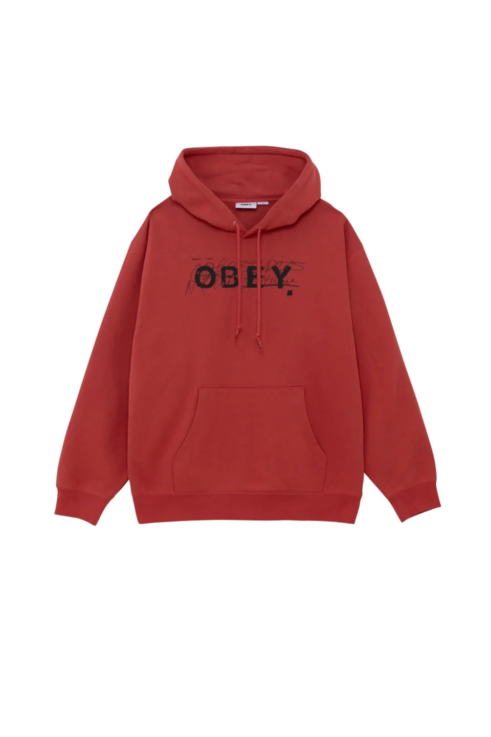SCRIBBLE HOOD OBEYのミネラルレッドカラーフロント画像。深みのあるレッドの裏起毛スウェット地に黒のロゴグラフィックが配されたプルオーバーパーカー。