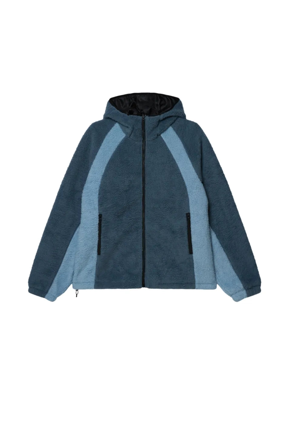 ALTA FLEECE JACKET OBEYのブルーマルチカラーフロント正面画像。くすみブルーとライトブルーのコントラストパネル切り替えが映えるフード付きPOLARTECフリースジャケット。