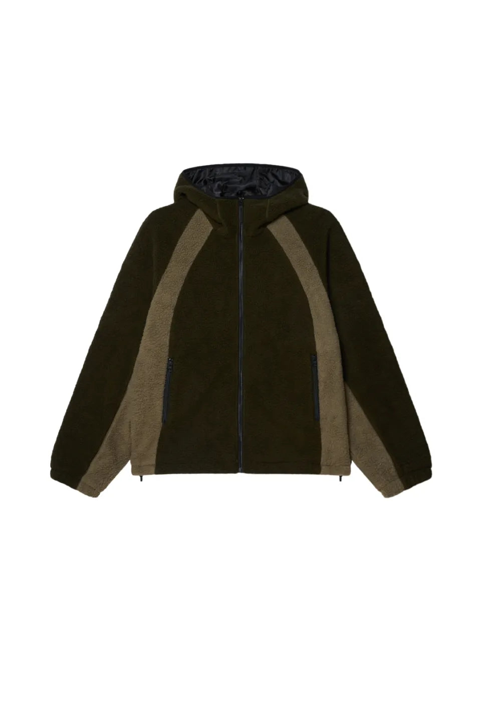 ALTA FLEECE JACKET OBEYのロジンマルチカラーフロント正面画像。ダークオリーブとカーキの落ち着いたミリタリーテイストなコントラストパネルが特徴的なフリースジャケット。