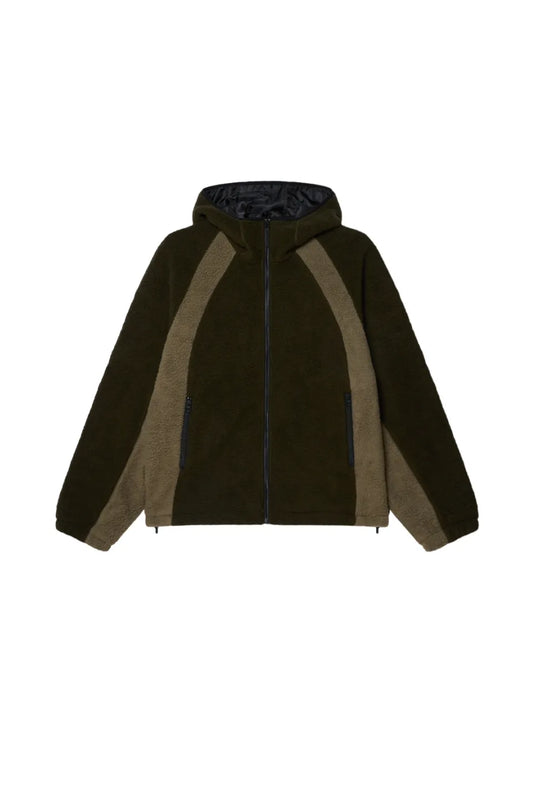 ALTA FLEECE JACKET OBEYのロジンマルチカラーフロント正面画像。ダークオリーブとカーキの落ち着いたミリタリーテイストなコントラストパネルが特徴的なフリースジャケット。
