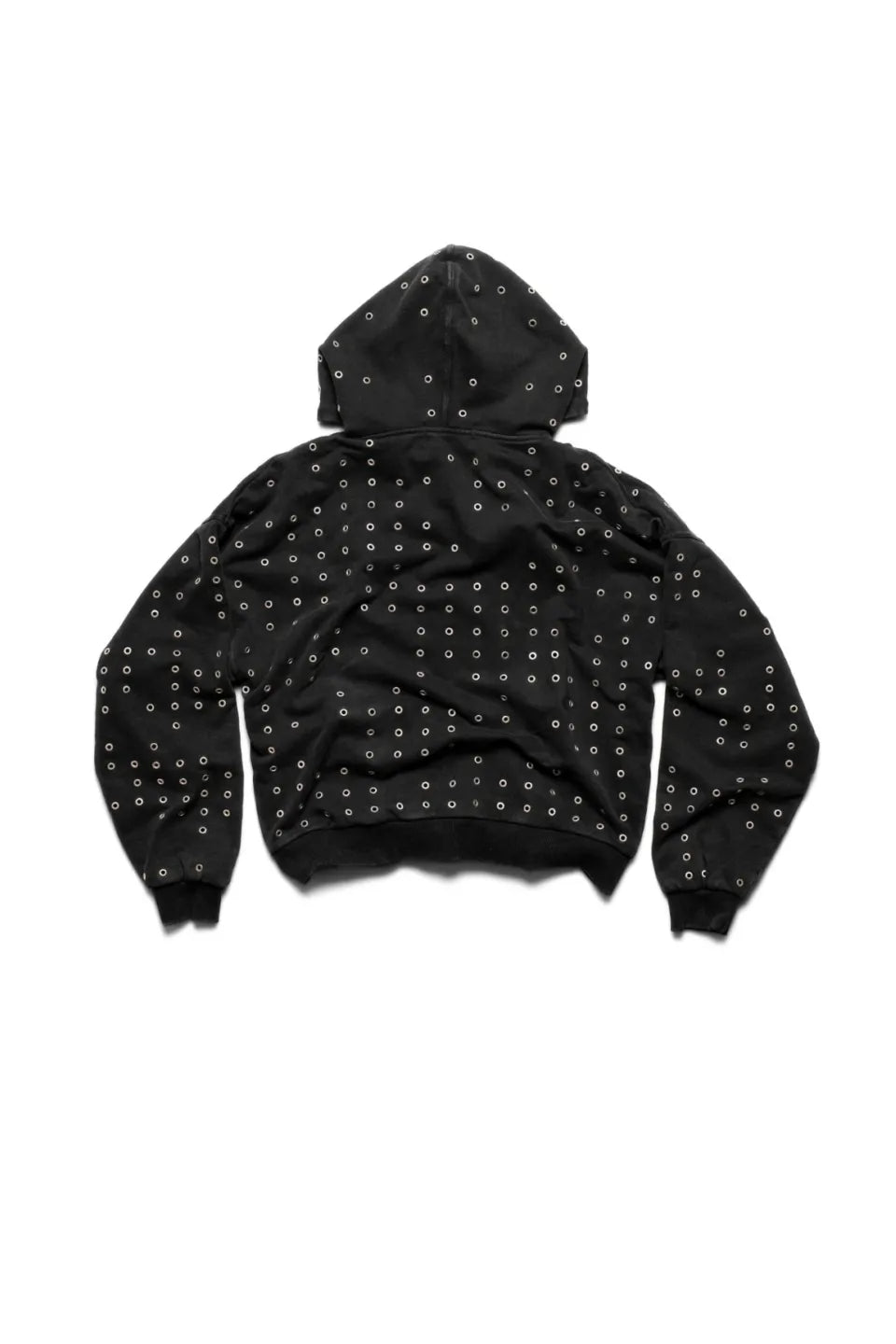 RACER WORLDWIDE】 Eyelet Hoodie （ブラック） 平置き背面画像。フードから身頃、袖にかけて打ち込まれたインパクトのあるアイレットディテール。