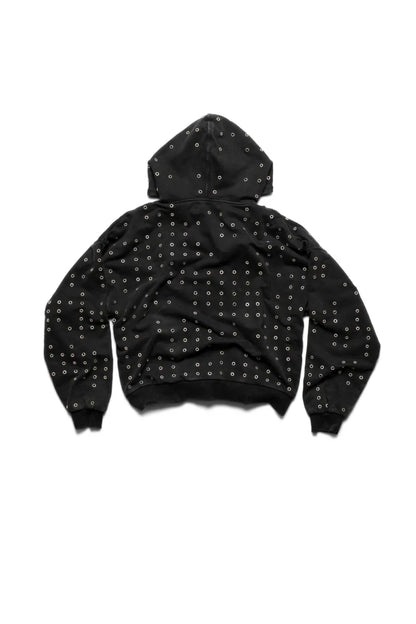 RACER WORLDWIDE】 Eyelet Hoodie （ブラック） 平置き背面画像。フードから身頃、袖にかけて打ち込まれたインパクトのあるアイレットディテール。