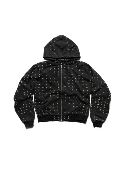 【RACER WORLDWIDE】 Eyelet Hoodie （ブラック） 平置き正面画像。全体に配置されたアイレットデザインとフルジップ仕様が映えるオーバーサイズジップパーカー。