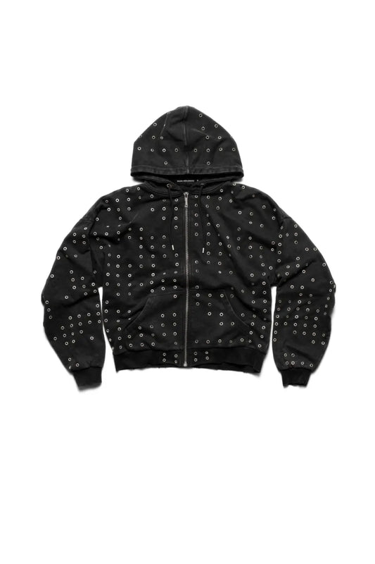 【RACER WORLDWIDE】 Eyelet Hoodie （ブラック） 平置き正面画像。全体に配置されたアイレットデザインとフルジップ仕様が映えるオーバーサイズジップパーカー。