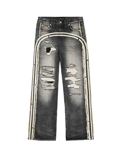 Track Jeans Racer Worldwideのブラックカラー平置き正面画像。フロントのトラックラインと膝周りの大胆なダメージ加工が特徴的なルーズデニムパンツ。