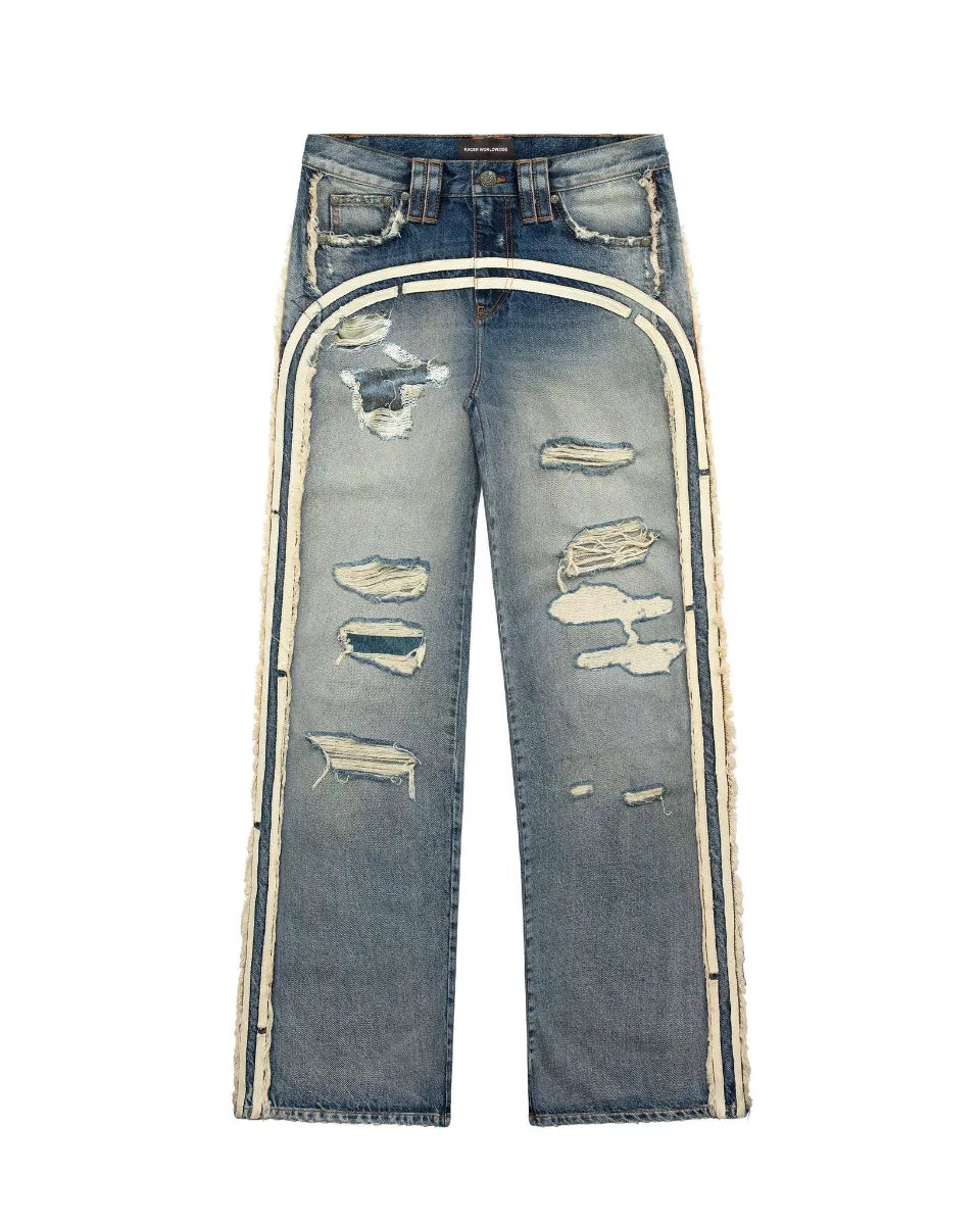 Track Jeans Racer Worldwideのインディゴブルーカラー平置き正面画像。ウォッシュ加工の効いたブルーデニムにホワイトのトラックラインが映えるデザイン。