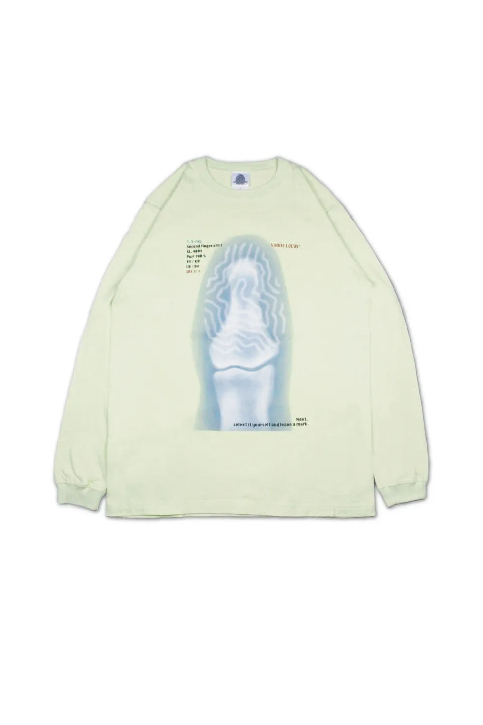 【SIRUSI LOCUS】 SECOND FINGER PRINT L/S TEE （ライム） レントゲングラフィックプリント 平置き正面