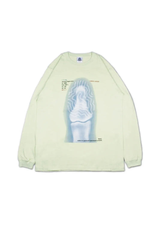 【SIRUSI LOCUS】 SECOND FINGER PRINT L/S TEE （ライム） レントゲングラフィックプリント 平置き正面