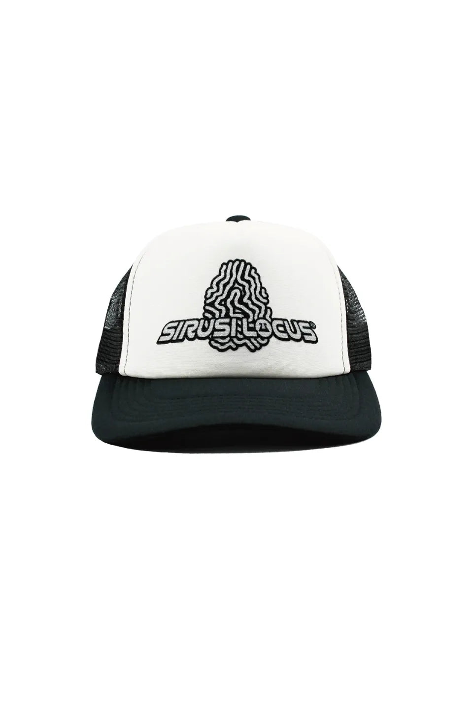 【SIRUSI LOCUS】 SIMON LOGO MESH CAP （ブラック×ホワイト） 刺繍風フロントロゴ メッシュキャップ 正面全体
