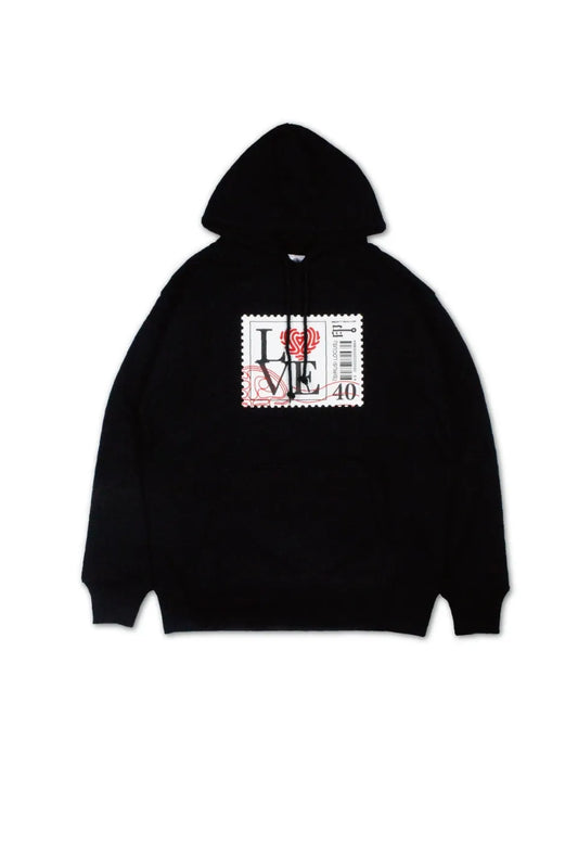【SIRUSI LOCUS】 SIRUSI LOVE 切手 HOODIE （ブラック） 正面全体