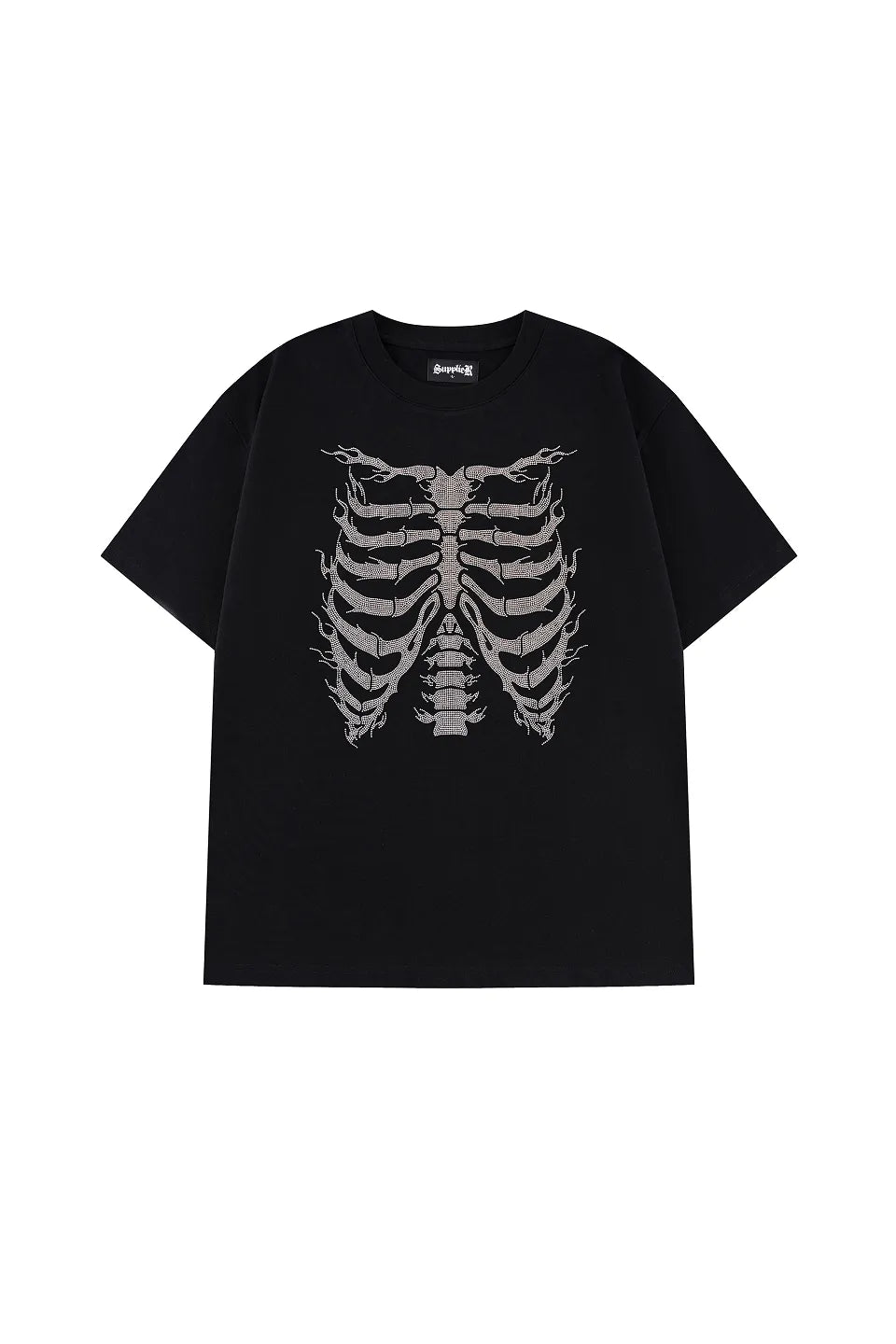 Rhinestone Fire Bones Tee - BLACKの正面。ブラックボディにラインストーンで表現されたボーン×ファイヤーデザイン。