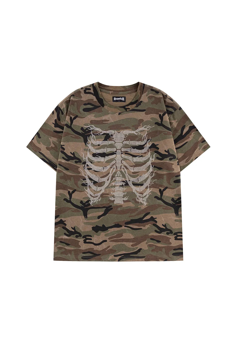 Rhinestone Fire Bones Tee - KHAKIの正面。カモフラ柄ボディにラインストーンのボーンデザインが映えるミリタリーストリートスタイル。