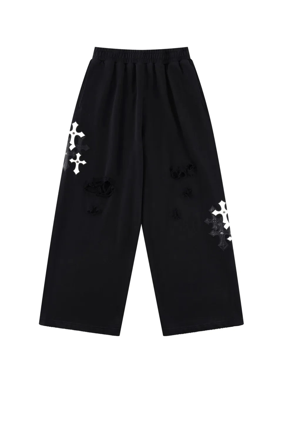 Multiple Cross Leather Patch Loose Fit Sweat Pantsの正面。極太のワイドシルエットとフロントのダメージ加工、サイドのクロスパッチが特徴。