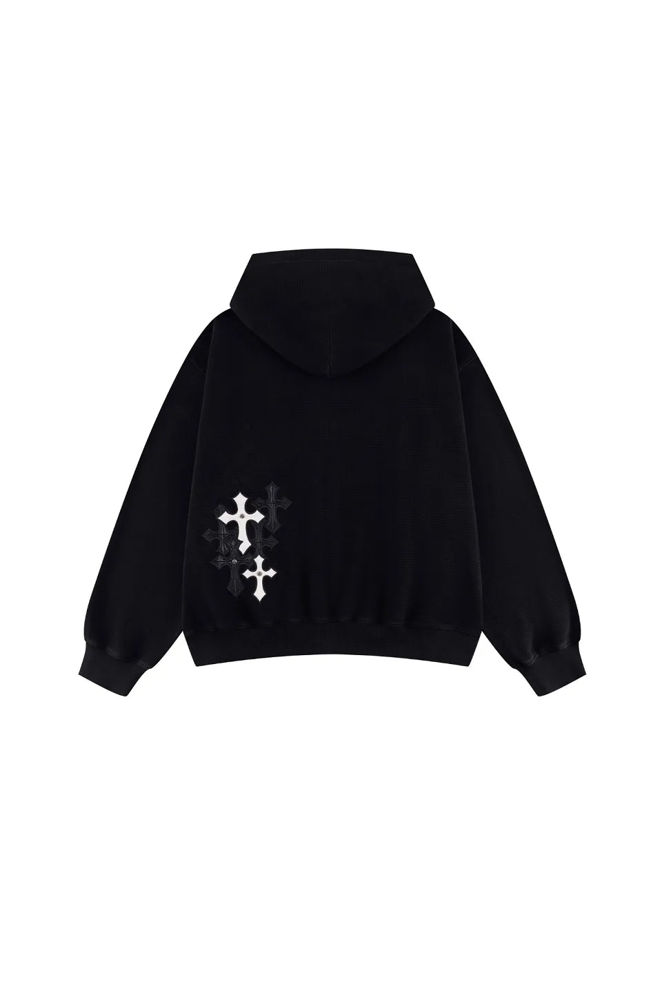 Cross Leather Patch Zip Hoodieの背面。左裾部分に施された、レザーパッチのクロスモチーフがアクセントのバックショット。