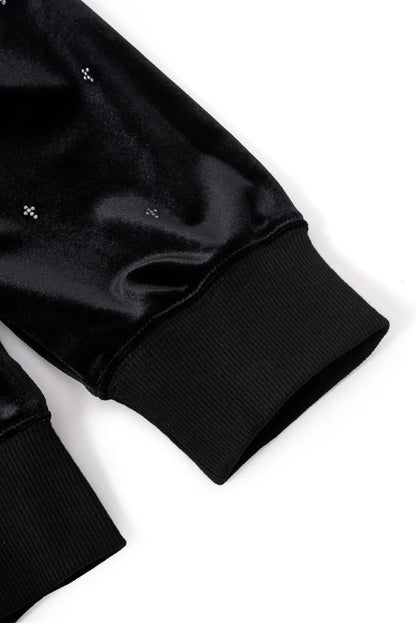 【SUPPLIER】 Micro Cross Rhinestone Velour Zip Hoodie（ブラック） 袖口リブ詳細画像