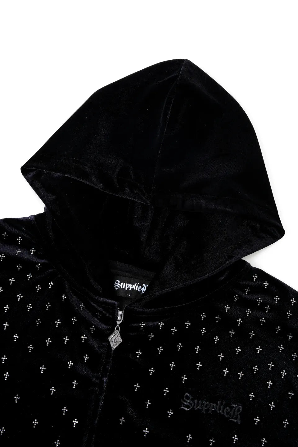 【SUPPLIER】 Micro Cross Rhinestone Velour Zip Hoodie（ブラック）フード周り・ラインストーン詳細画像