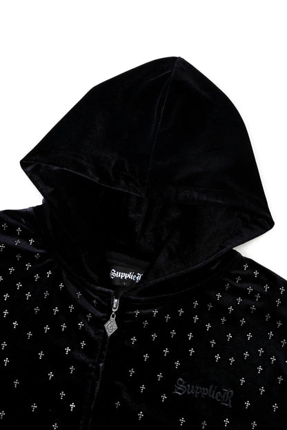【SUPPLIER】 Micro Cross Rhinestone Velour Zip Hoodie（ブラック）フード周り・ラインストーン詳細画像