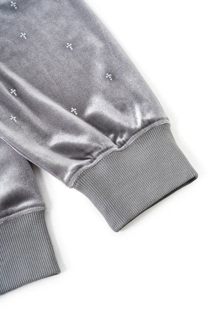 【SUPPLIER】 Micro Cross Rhinestone Velour Zip Hoodie（グレー） 袖口リブ詳細画像