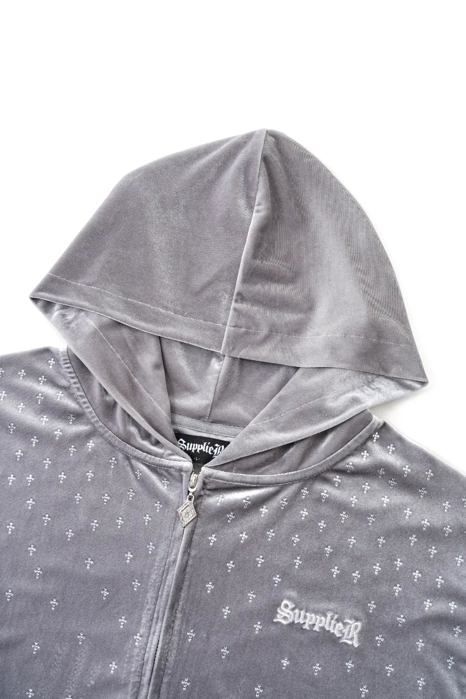 【SUPPLIER】 Micro Cross Rhinestone Velour Zip Hoodie（グレー） フード周り・ラインストーン詳細画像