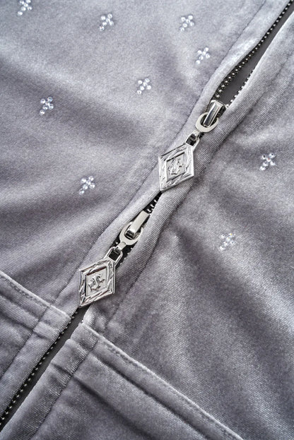 【SUPPLIER】 Micro Cross Rhinestone Velour Zip Hoodie（グレー） ダブルジップ・オリジナルロゴチャーム詳細画像