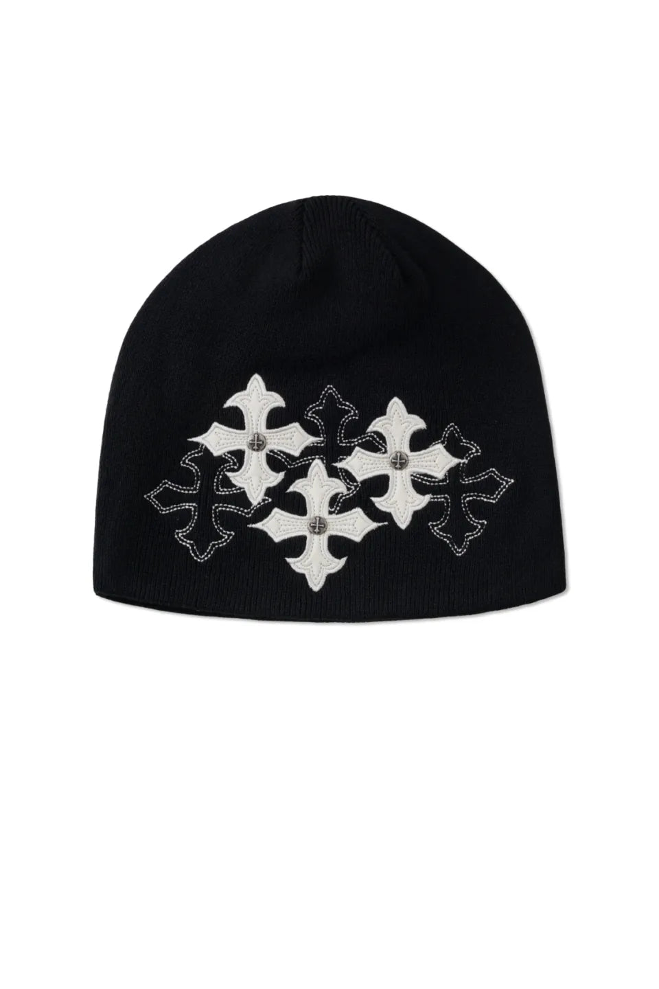 SUPPLIER Multiple Cross Leather Patch Beanie ブラックの3連クロスレザーパッチ ニットキャップ 平置き正面フロント全体カット