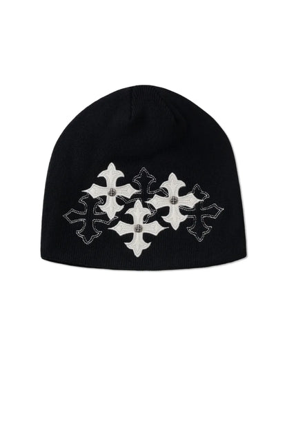 SUPPLIER Multiple Cross Leather Patch Beanie ブラックの3連クロスレザーパッチ ニットキャップ 平置き正面フロント全体カット