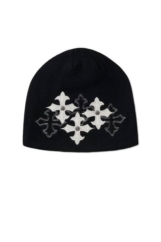 SUPPLIER Multiple Cross Leather Patch Beanie ブラックの3連クロスレザーパッチ ニットキャップ 平置き正面フロント全体カット
