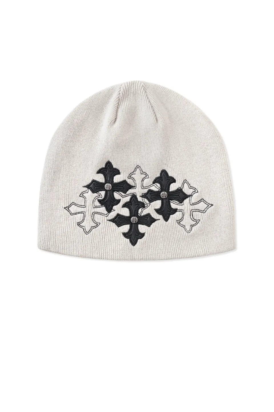 SUPPLIER Multiple Cross Leather Patch Beanie ホワイト 3連クロスレザーパッチ ニットキャップ 平置き正面フロント全体カット