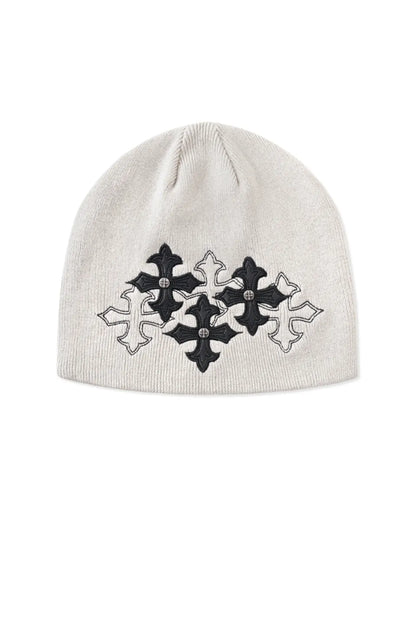 SUPPLIER Multiple Cross Leather Patch Beanie ホワイト 3連クロスレザーパッチ ニットキャップ 平置き正面フロント全体カット