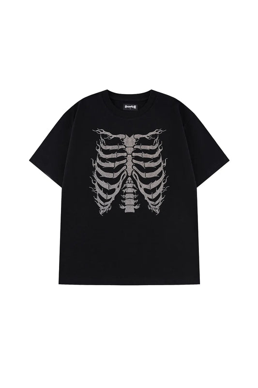 【SUPPLIER】 Rhinestone Fire Bones Tee （BLACK） ラインストーンで表現されたボーンデザインが特徴的な半袖Tシャツの正面画像