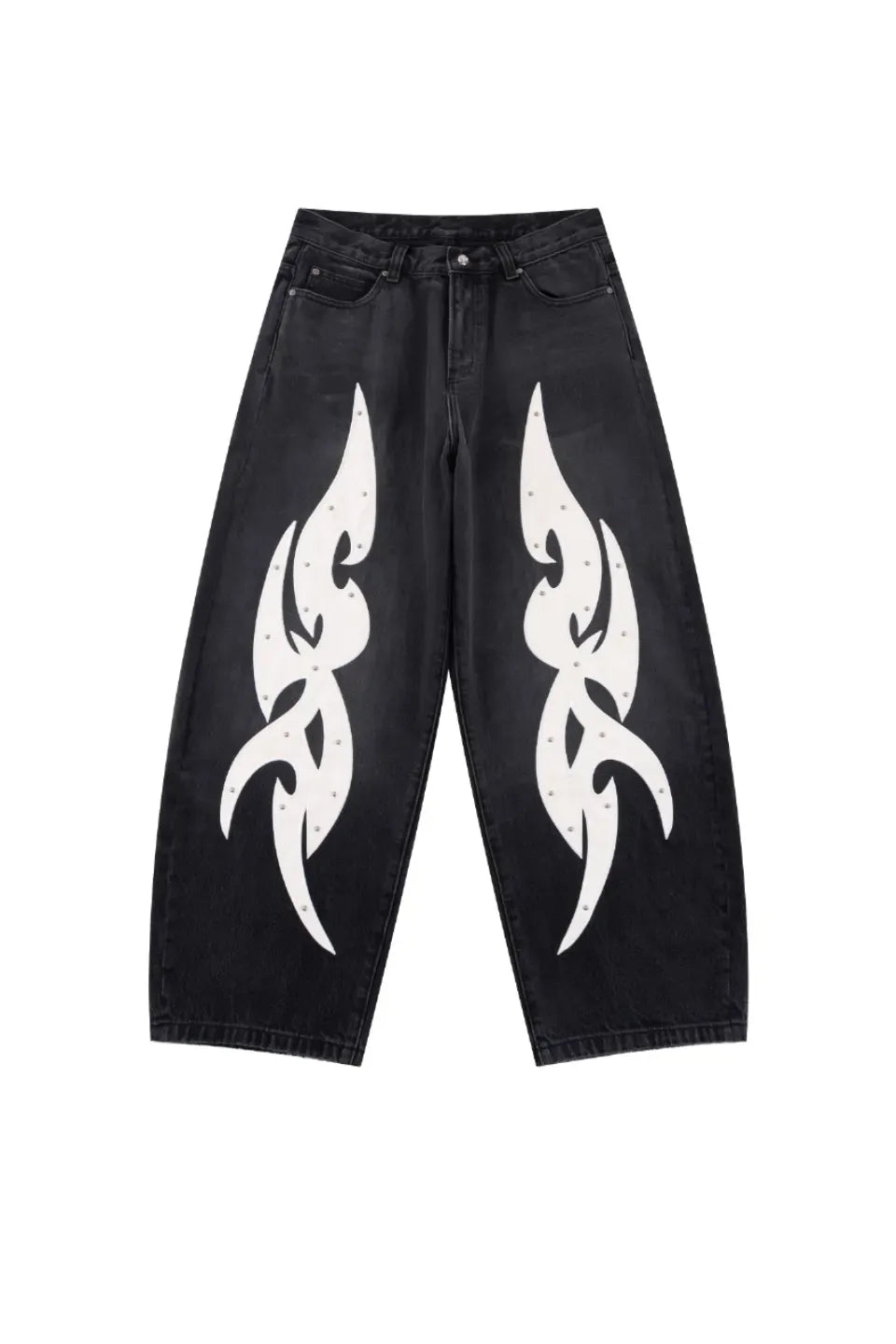 【SUPPLIER】 Studs Tribal Leather Patch Curve Denim （BLACK） 正面全体画像