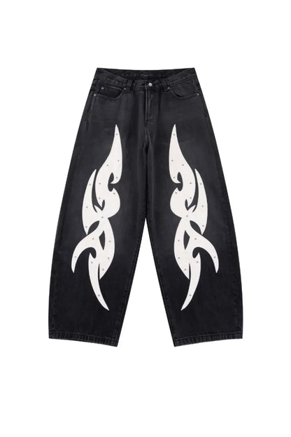 【SUPPLIER】 Studs Tribal Leather Patch Curve Denim （BLACK） 正面全体画像