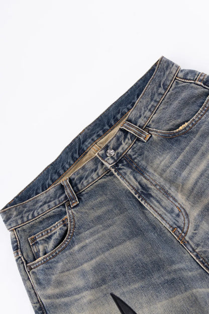 【SUPPLIER】 Studs Tribal Leather Patch Curve Denim（BLUE） ウエスト正面ディテール