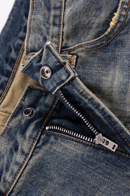 【SUPPLIER】 Studs Tribal Leather Patch Curve Denim （BLUE）フロントジップ開閉ディテール