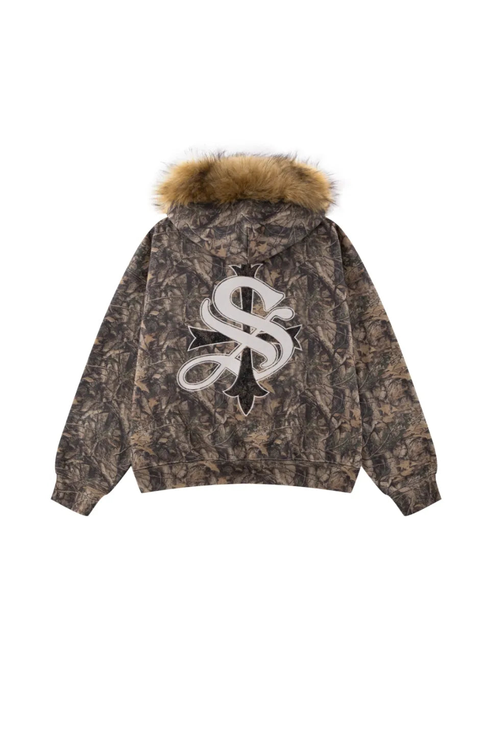 SUPPLIER Tree Camo Faux Fur Cross Zip Hoodie 背面ラインストーン クロスロゴ刺繍 平置きバック全体カット