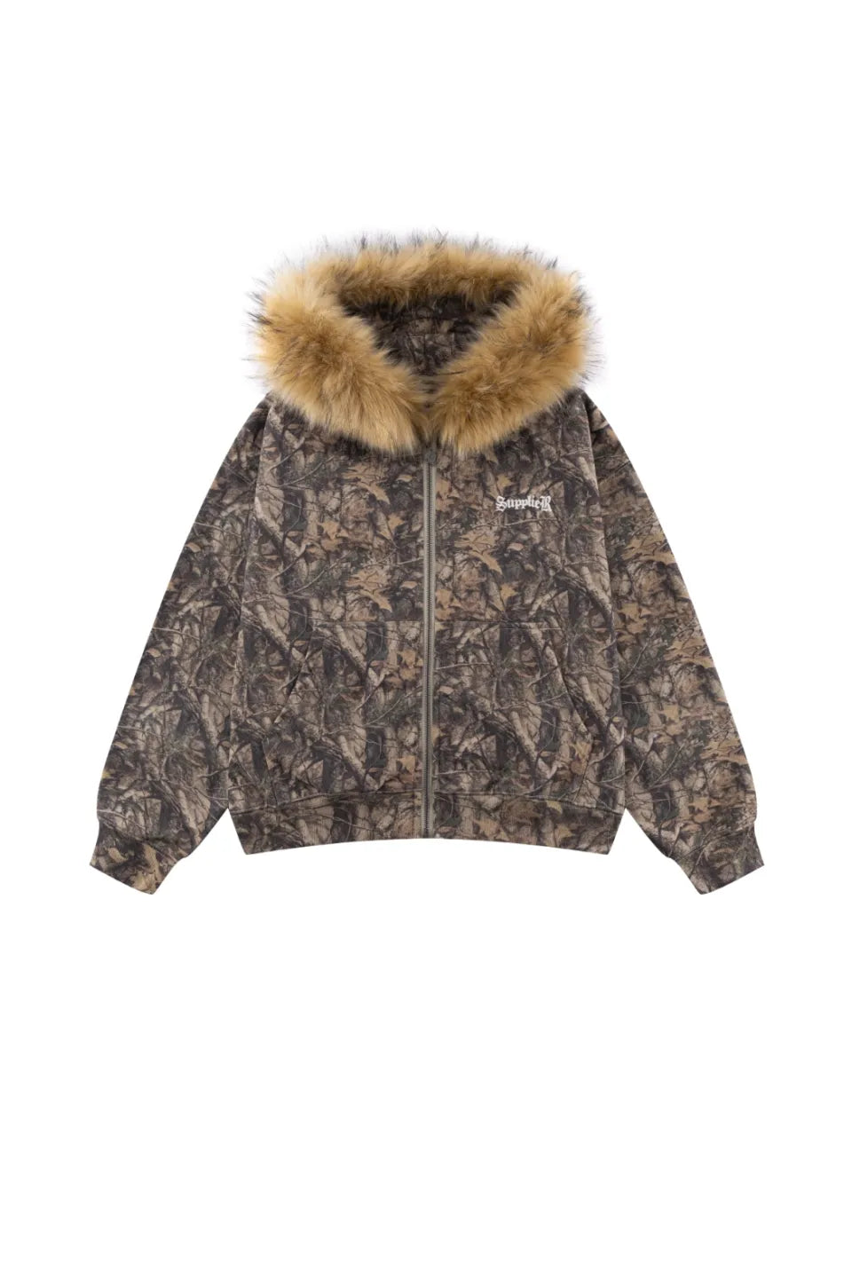 SUPPLIER Tree Camo Faux Fur Cross Zip Hoodie ツリーカモ フェイクファージップパーカー 平置き正面フロント全体カット