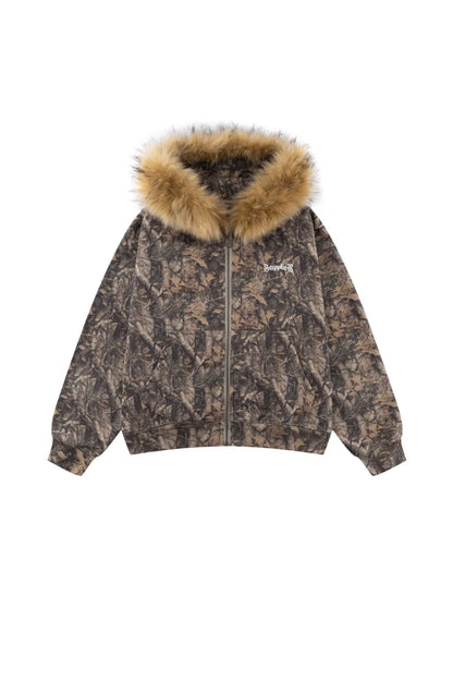 SUPPLIER Tree Camo Faux Fur Cross Zip Hoodie ツリーカモ フェイクファージップパーカー 平置き正面フロント全体カット