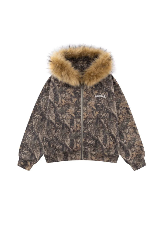 SUPPLIER Tree Camo Faux Fur Cross Zip Hoodie ツリーカモ フェイクファージップパーカー 平置き正面フロント全体カット