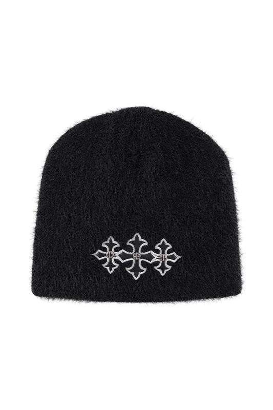 【SUPPLIER】 Triple Cross Shaggy Knit Beanie （BLACK） 正面全体画像