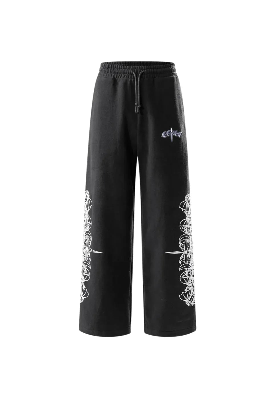 【THE BOY HAS NO PATIENCE】 LUMINOUS DAWN ASTRAL LOGO FLOCKED PANTS 正面全体画像